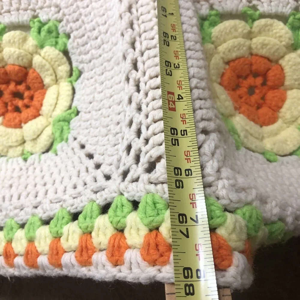 Crochet Afghan Blanket 3D Rose Throw Handmade Granny Square 70s Decor 42” x 68”